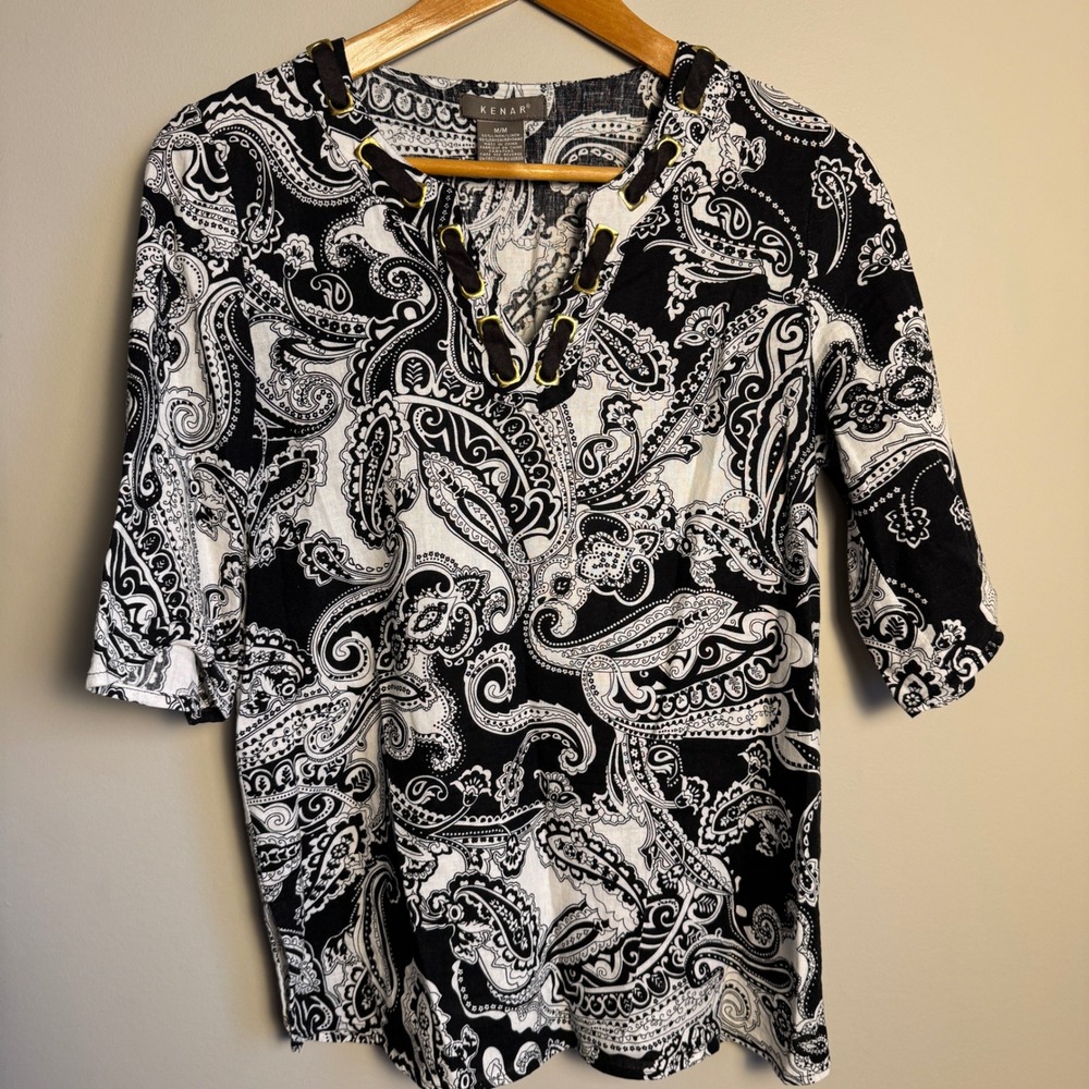 Kenar‎ Women's Linen Blend Paisley V-Neck Blouse Black White Medium Lace Detail